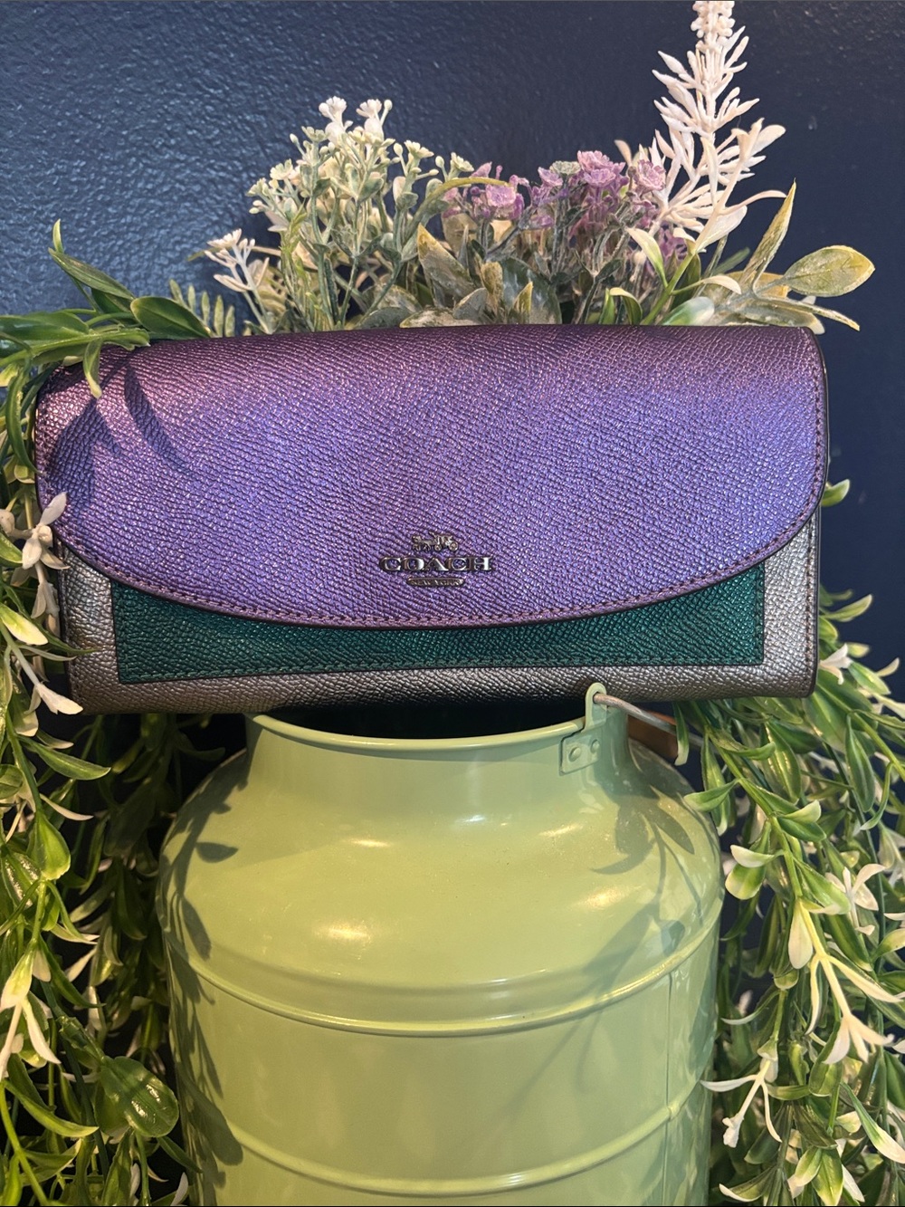 Coach Purple and Green Colorblock Leather Continental Wallet